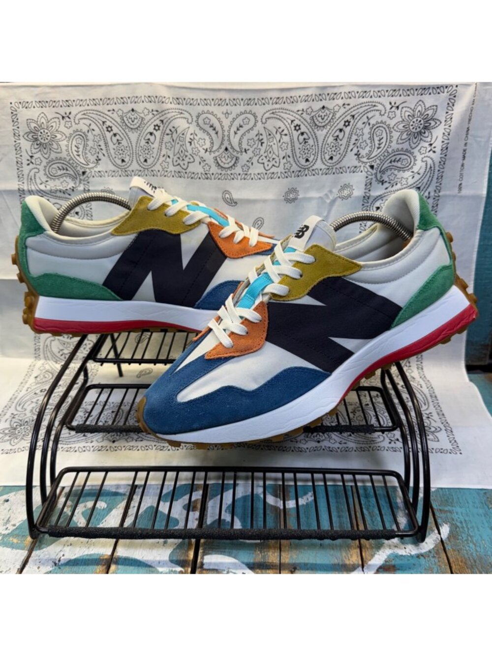 New Balance 327 Mens 12D Multicolor Wht/Blu/Grn/Ylw/Org GS327PBA Sneakers EUC
